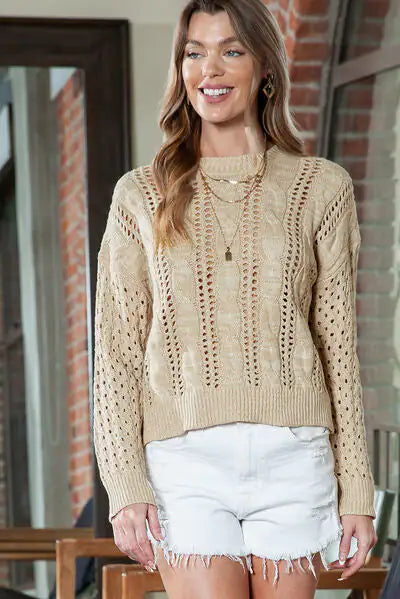 Full Size Openwork Cable-Knit Round Neck Knit Top — image 3 of 11