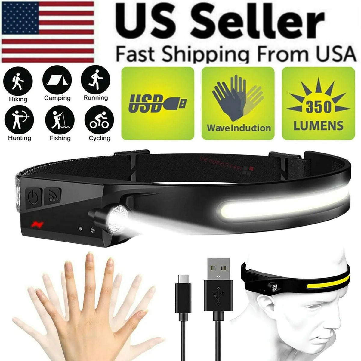 COB LED Headlamp USB Rechargeable Headlight Torch Work Light Bar Head Band — image 1 of 11