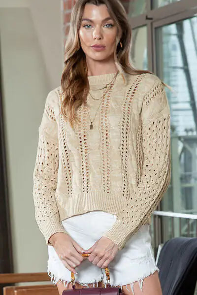 Full Size Openwork Cable-Knit Round Neck Knit Top — image 2 of 11
