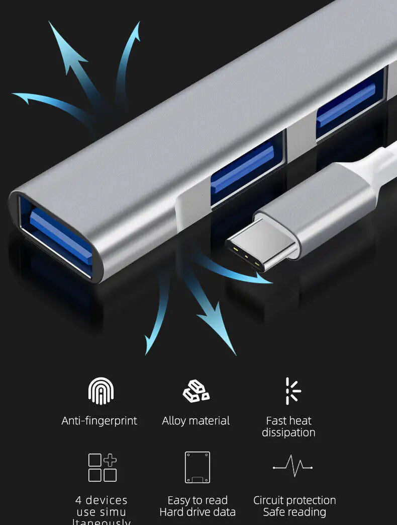 USB-C Type C to USB 3.0 4 Port Hub Splitter For PC — image 3 of 12