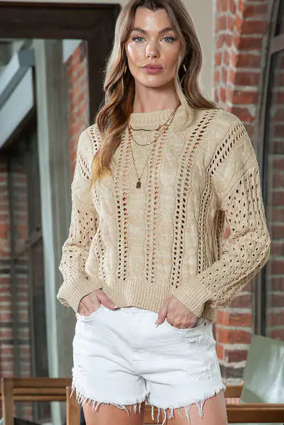 Full Size Openwork Cable-Knit Round Neck Knit Top — image 7 of 11