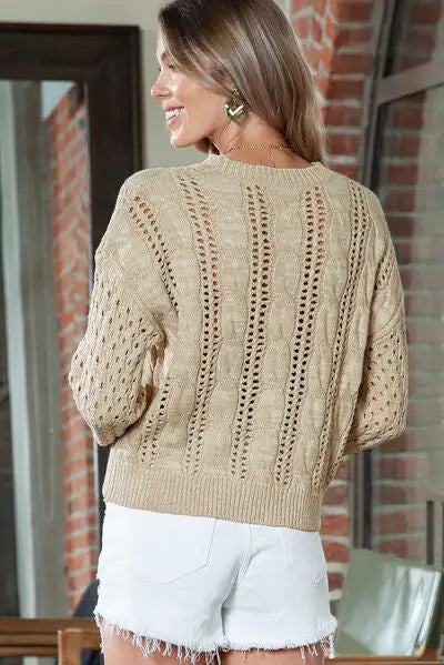 Full Size Openwork Cable-Knit Round Neck Knit Top — image 1 of 11
