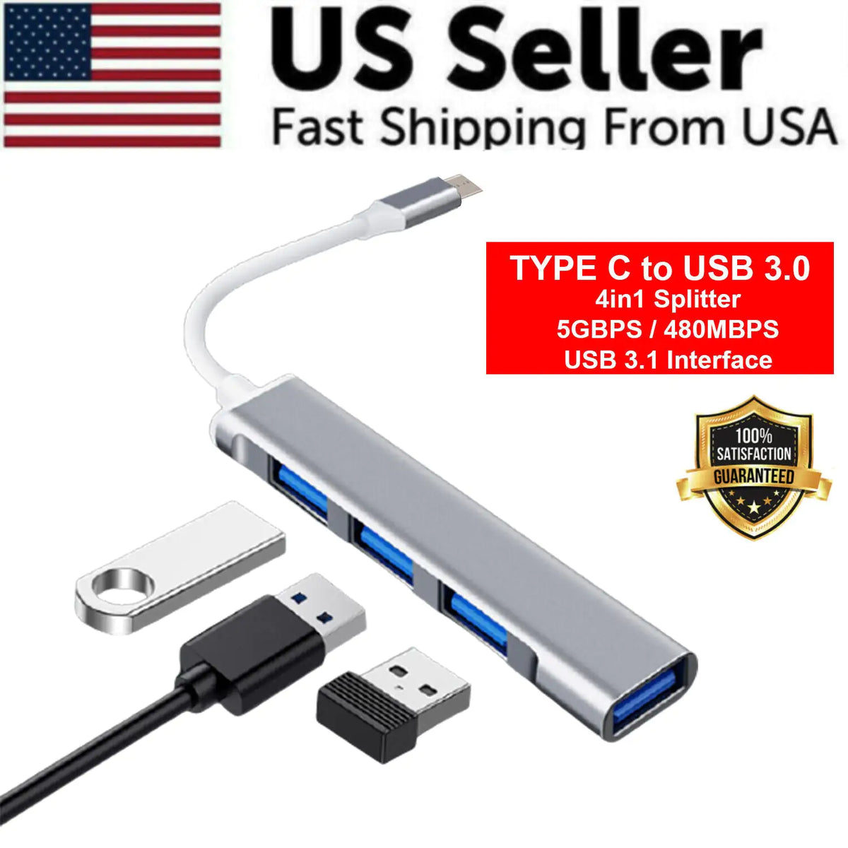 USB-C Type C to USB 3.0 4 Port Hub Splitter For PC — image 1 of 12